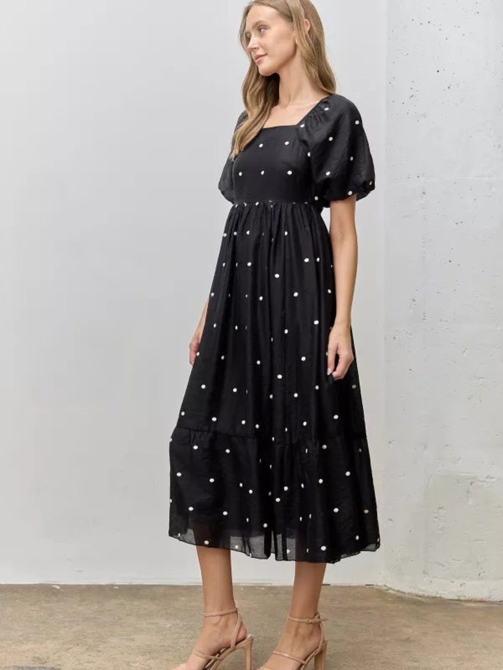 Black Polka Dot Puff-Sleeve Midi Dress